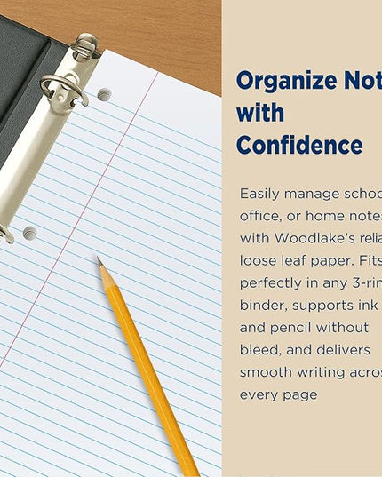 Woodlake Loose Leaf Paper, College Ruled Notebook Paper, 8 x 10.5”, 150 Sheets per Pack, 3 Pack Bulk Lined Filler Paper, 3 Hole Punched, 60gsm, Made in USA