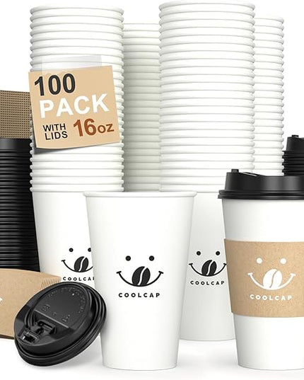 Coolcap Coffee Cups with Lids and Sleeves, 16 Ounce 100 pack To Go Coffee Cups with Lids, Disposable Hot Coffee Paper Cups Bulk for Hot Beverage (16 Ounce, White) | with Lids, and Sleeves, To Go Coffee Cups, with Lids, Bulk, for Hot Beverage