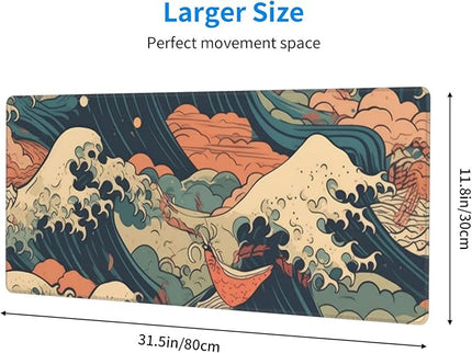 Vintage Japanese Wave Gaming Mouse Pad XL, Large Non Slip Rubber Mousepad, Stitched Edges Mouse Pads, Long Extended Mouse Pad,31.5'' X 11.8''