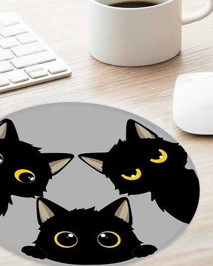Cute Black Cats Round Mouse Pad, Funny Small Mouse Mat with Non-Slip Rubber Base, Home Office Decor Desk Accessory, 8.7 Inch Round