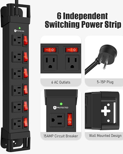 Heavy Duty Power Strip,6 Outlets Metal Power Strip with Individual Switch & Cord Management,Mountable Surge Protector 1200J,10FT Extension Cord (Black,10 FT)
