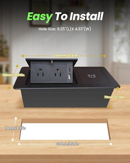 Conference Table Power Hub 15W Wireless Charger and PD20W Type-C Fast Charging, Pop up Outlet Desktop Connection Box with 2AC Outlets and USB Ports for Kitchen Countertop Conference Room, Black