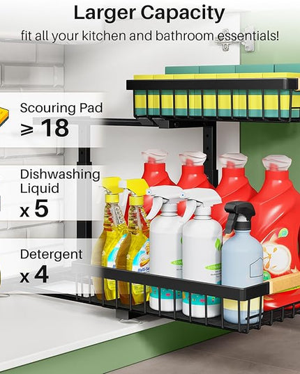 Under Sink Organizer, 2 Packs 2 Tier Under Sink Organizers and Storage, Slide out Pull out Cabinet Organizer Shelf, Metal Sliding Drawer for Kitchen Bathroom Pantry Cabinet Closet Organization Rack