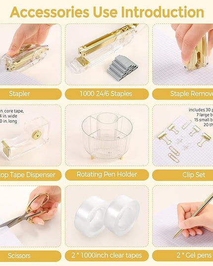 SKYDUE Gold Office Supplies Set, Pencil Holder for Desk,Gel Pen, Stapler, Tape Dispenser, Scissors,Clips and 1000pcs Staples, Office Decor for Women, Gold Desk Accessories