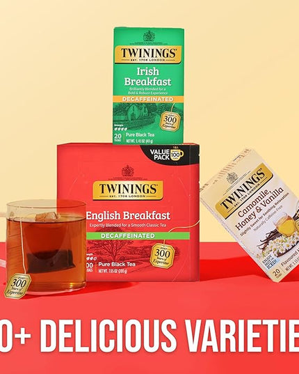 Twinings Decaffeinated English Breakfast Black Tea Individually Wrapped Bags, 100 Count (Pack of 1), Smooth, Flavourful Black Tea, Enjoy Hot or Iced, 100 Teabags
