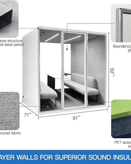 Soundproof Office Pod Booth, Quiet Meeting Pod with Sound Insulation Panels, 4 People Sound Proof Phone Booth with Desk, Movable Working Booth for Private Phone Calling, L Size H92in W92in D70in