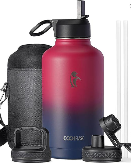 Half Gallon Water Bottle Insulated with Straw & 3 Lids, Coolflask 64 oz Water Jug Large Metal Stainless Steel Wide Mouth for Sports, Gym or Office, Non-BPA Keep Cold 48H Hot 24H, Ombre Wine/Navy