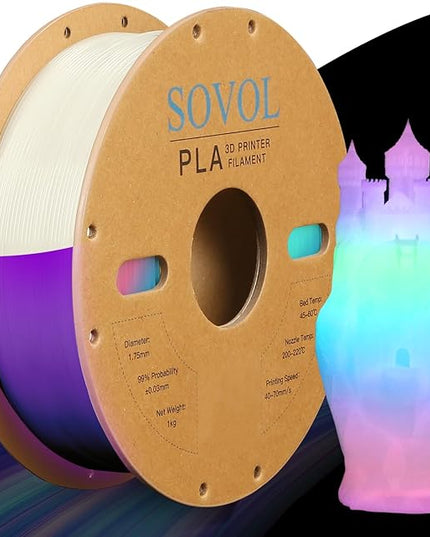 Sovol 3D Printer Glow in The Dark Filament Gradient Multicolor Fast Change PLA 1kg (2.2 lbs) Spool 3D Printing Materials, Dimensional Accuracy +/- 0.03 mm, 1.75 mm, Glow Multicolored