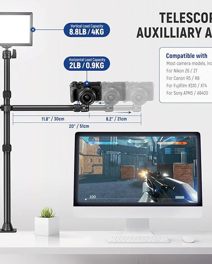 NEEWER TL253A+DS001 Table Camera Tripod with 2 Telescopic Arms, Phone Holder, Ball Heads, Screw Adapter, Table Light Stand for Camera, Mobile Phone, Webcam, Ring Light