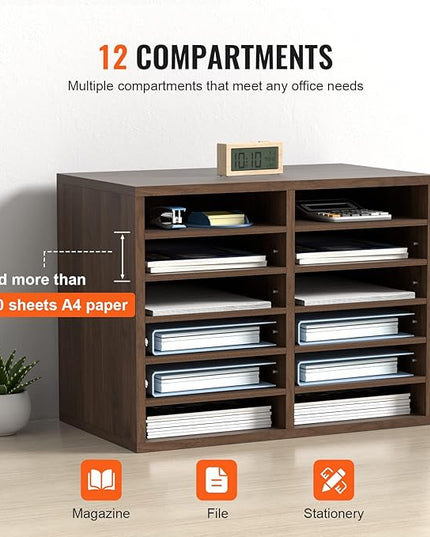 VEVOR Literature Organizers, 12 Compartments Office Mailbox with Adjustable Shelves, Wood Literature Sorter 20.4x12x16.1 inches for Office, Home, Classroom, Mailrooms Organization, EPA Certified Brown