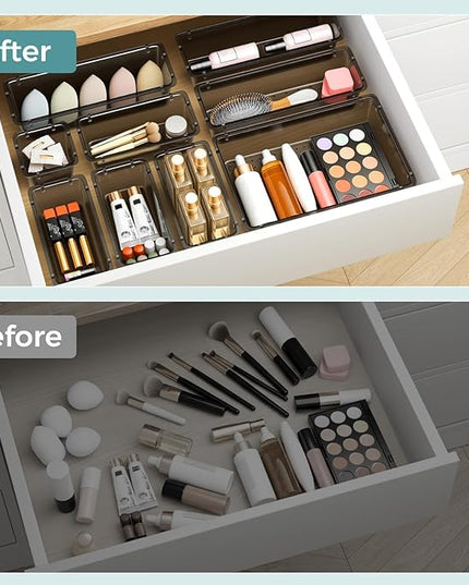 WOWBOX 44 PCS Clear Plastic Drawer Organizer Set, 4 Varied Size storage Bins and Desk Drawer Organizer Trays for Makeup, Gadgets, Jewelry and Utensils in Bathroom, Bedroom and Office, Clear Black