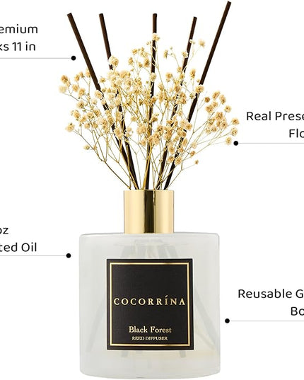 COCORRÍNA Reed Diffuser - Black Forest 17 Fl.oz Reed Diffuser with 8 Sticks Scented Diffuser with Preserved Flowers for Bathroom Home Decor