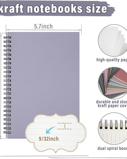 Fuutreo 12 Pcs Spiral Notebook for Work A5 8.3 x 5.7 Inch College Ruled Spiral Journal Notebook Kraft Cover Ruled Paper, 12 Color, 60 Sheets, 120 Pages for Office School(Taro Color)