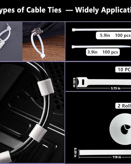 ELII 328Pcs Cable Management Kit, 8 Magnetic Cable Clips,69Adhesive Cable Holder,4 Cable Sleeve Split,22Reusable Cable Strap,200 Nylon Cable Zip Ties with 25 Mounts TV Home(White)
