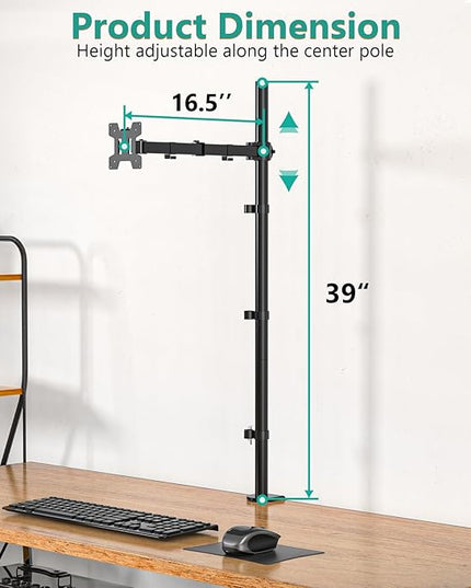 WALI Single Monitor Stand Desk Mount, 39 inch Tall Monitor Stand Fully Adjustable, Articulating Arm for Computer Screen up to 32 inch, 22lbs (M001XXL), Black