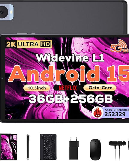 DEZLTID 2025 Tablet 10.4 inch Android 15 Tablets with Keyboard Stylus Mouse: 2K IPS Tablette (2000x1200), 36GB+256GB(1TB TF), 5G/2.4G Dual WiFi, 8-Core 1.6GHz, 8000mAh,8+13MP, Widevine L1- Black