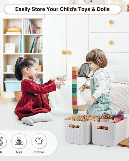 4 Packs Storage Bins with Bamboo Lids - Plastic Storage Containers with Lids Stackable Storage Box：Storages Baskets for Organizing Desktop Closet Playroom Classroom Office,White