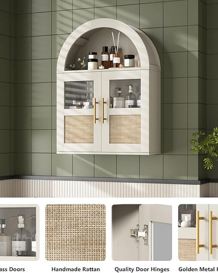RUSTOWN Arched Bathroom Wall Cabinet, Rattan Medicine Cabinet with 2 Glass Doors, Farmhouse Over The Toilet Storage Cabinets with Adjustable Shelves, 3-Tier Wall Mounted Cabinets