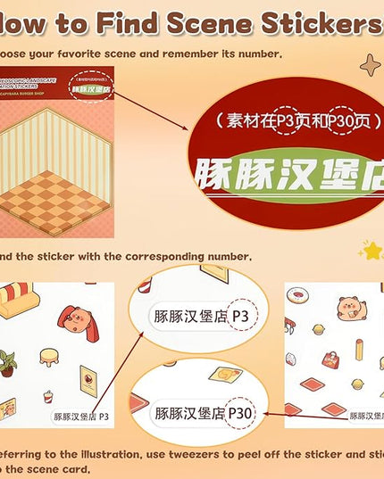 ASTARON 20 Sets DIY 3D Sticker Scene Book Sticker Therapy for Adults, Make Your Own Mini Cozy Shop House Room Stickers Cute Cartoon Miniature Stickers for Girls, Relief Stress Pass The Time