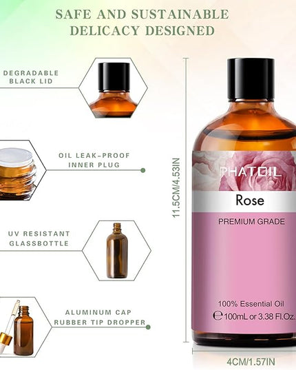 PHATOIL 3.38FL.OZ Rose Essential Oil with Glass Dropper, for Aromatherapy Diffusers, Humidifiers, Great for DIY Candle and Soap Making, Huge 100ML Bottle