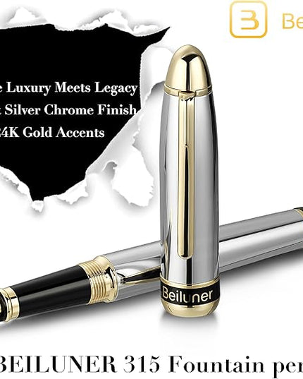 BEILUNER 315 Silver Chrome Fountain Pen,Stunning Luxury Pens with 24K Gold Accents, Gorgeous 24K Gilded Nib(Fine), Ink Converter,Fancy Pen Gift for Men&Women-Elegant, Office, Writing, Nice Design