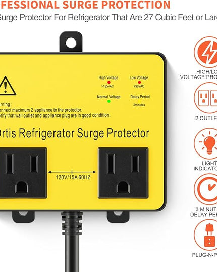 Refrigerator Surge Protector, Ortis Double Outlet Voltage Protector for Home Appliances with Time Delay, 5ft Power Cord, Protects Against Brownout, Spike, Instant Surge All Voltage Abnormalities