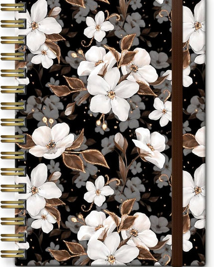 Spiral Journal Notebook, A5 Cute Notebooks for Women Men, College Ruled Hardcover Notebook for Work & Note Taking, 60 Pages Double-Wire Journals for Writing (Black Gold Flower)