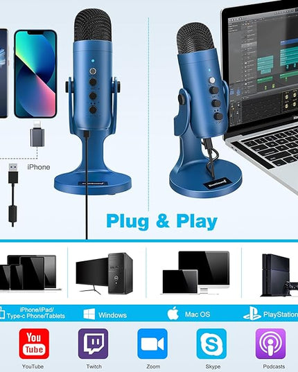 ZealSound Podcast Microphone for PC, Noise Cancellation USB Mic with Gain, Volume Adjustment & Mute Button, Monitoring & Echo, for YouTube, TikTok, Podcasting, Streaming, iPhone, iPad, Android(Blue)
