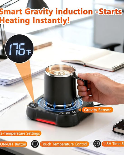 Coffee Mug Warmer & Cup Set - Desk Coffee Cup Warmer for Office/Home with 8-Temp Fast Heating (176℉ Max), Auto Shut Off, Gravity-Induction, 1-12H Timer - Ideal Gift for Coffee Lovers