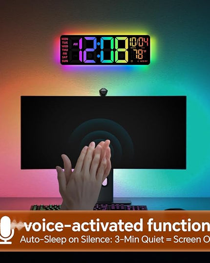 16" Digital Wall Clock with Night Light, Digital Clock with RGB Colors Changing Remote Control, Dual Alarm, Dimmer, Auto DST, Voice Control, Auto Time Sync, Clocks for Living Room, Gift for Elderly