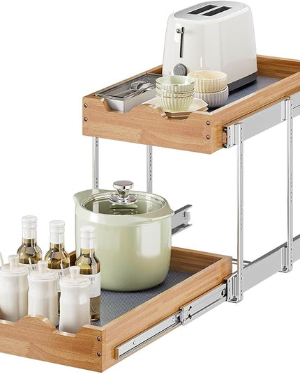 OCG Pull Out Drawers For Cabinets 14"W x 21"D, 2 Tier Heavy-Duty Slide out Wood Drawer Shelf, Pull Out Drawer for Cabinets, Base Cabinet Organization for Kitchen, Pantry, Bathroom
