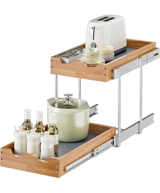 OCG 2 Tier Pull Out Drawers For Cabinets, Double Tier Slide out Wood Cabinet Organizer, Pull Out Shelves for Base Cabinet Organization in Kitchen, Pantry, Bathroom