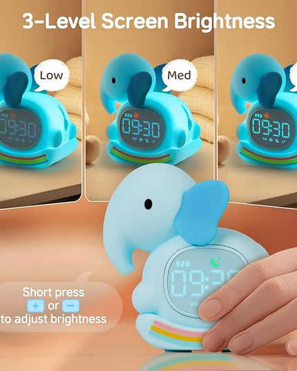 Alarm Clock for Kids with Night Light, Sleep Training Clock Time to Wake Clock, Rechargeable Silicone Light for Bedroom, Perfect Sleep Companion for Boys Girls，Blue Elephant