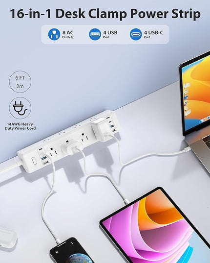 40W Fast Charging Station,Desk Clamp Power Strip 20W USB C,8 Outlets,8 USB Ports,4 USB C 4 USB A,Nightstand Edge Mount Surge Protector, 14AWG Cord, Fits 1.9" Tabletop Edge for Office,Home Furniture