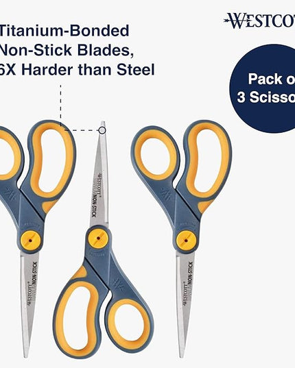Westcott 8-Inch Titanium-Bonded Non-Stick Straight Scissors with Adjustable Glide Feature for Office and Home - Gray/Yellow, 3 Pack