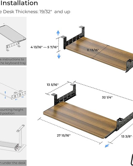 EUREKA ERGONOMIC Adjustable Keyboard Tray Under Desk, 28x11 Inch Large Slide Out Keyboard & Mouse Platform Tray, Wooden Pull Out Computer Keyboard Drawer for Typing Home Office Desk, Walnut