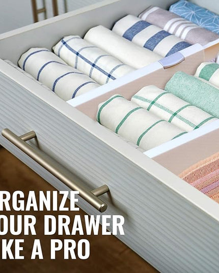 RAPTUROUS Adjustable Deep Drawer Divider – 5" Tall, Expandable 13-22", 10-Pack, Non-Slip Drawer Dividers for Clothes, Dresser, Kitchen & Office Organization (White)