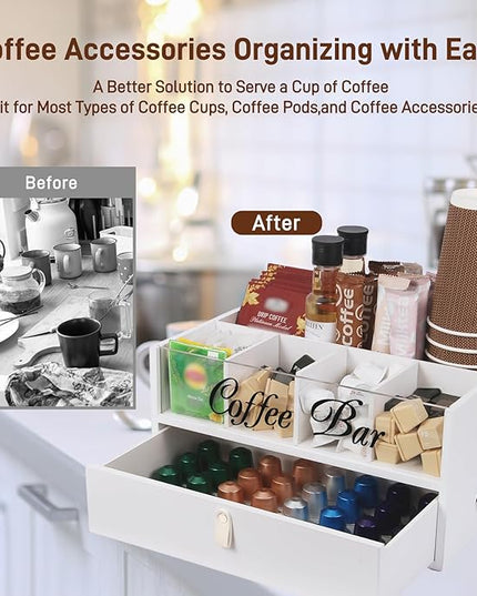 Intarsio 2-Tier Coffee Bar Organizer with Clear Acrylic Top, Built-in Drawer and Leather Handle Pull for Countertop, Stylish Coffee Station Storage Box for Accessories, Pods, Great Gifts for Home