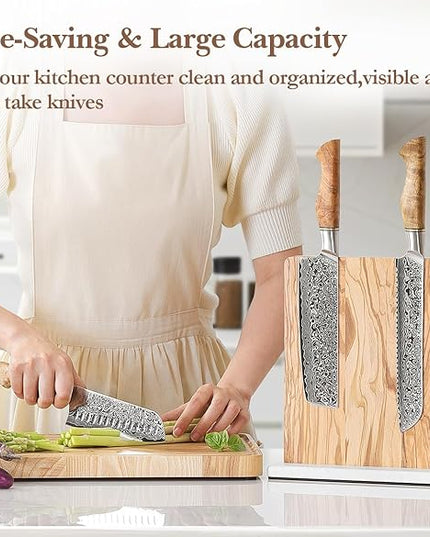 HEZHEN Double-sided Magnetic Knife Holder without Knives, Olive Wood Knife Block for Kitchen Counter, Space-saving Knife Storage, Strong Enhanced Magnets Strip, Non-slip Marble Base