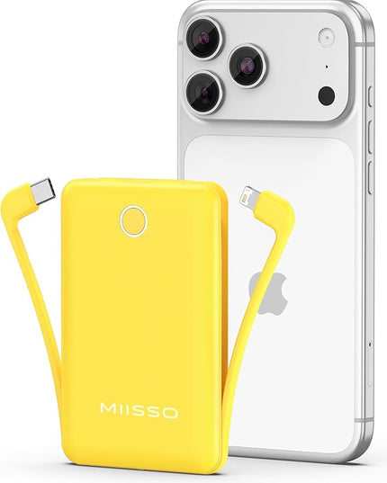 miisso 10000mAh Mini Portable Charger with Built in Cable, Pocket Size Power Bank Travel External Battery Pack for Phone, 3 Output USB Type C Cord Clutch Compatible with iPhone, Samsung, Yellow