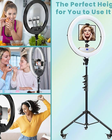 MACTREM 22" Foldable Ring Light with Stand for iPhone ipad, 75" Tripod with Wheels 50W 6500K LED Display/2 USB Ports Large Ringlight Rolling, Tattoo Barber Makeup Studio Video Photography Lighting