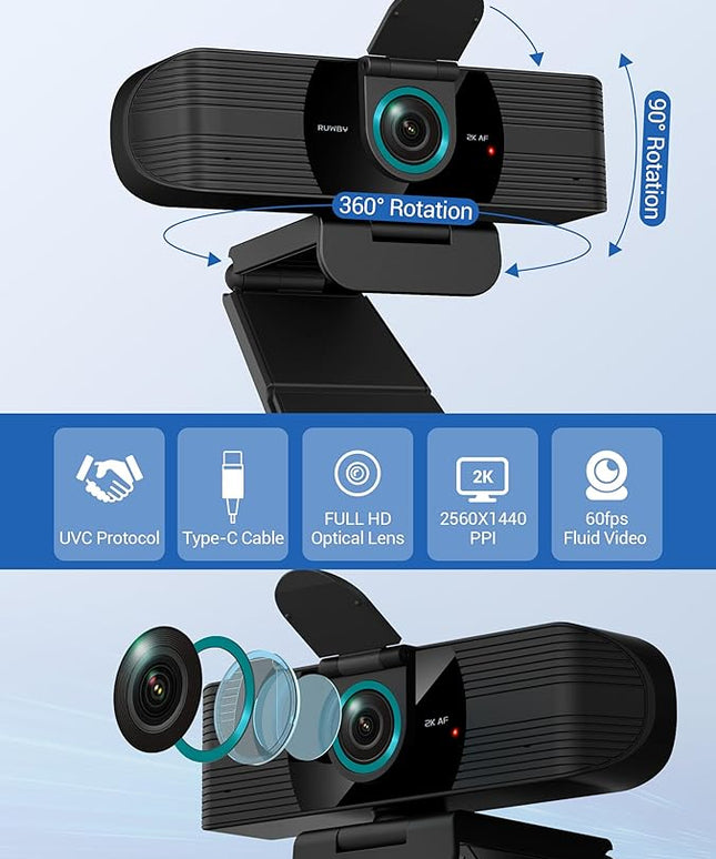 RUWBY QHD 2K Webcam with Built-in Dual Mics, Wide-Angle Lens, Privacy Cover, Tripod Stand, Autofocus PC Camera, Plug and Play for Desktop Computer or Laptop