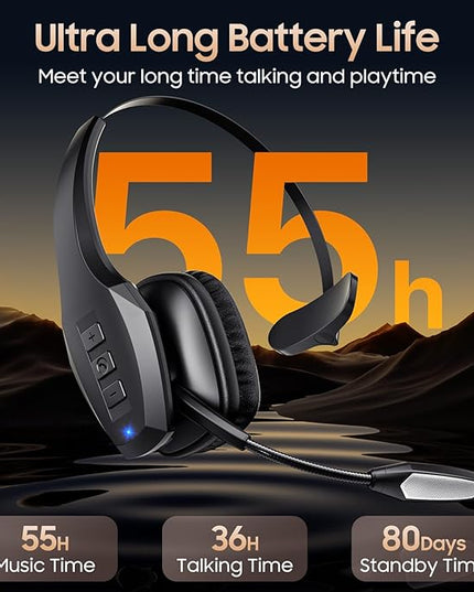 Trucker Bluetooth Headset, Wireless Headset with Mic, Bluetooth Headsets with Dual Noise Cancelling Microphone & Mute Button, 55Hrs Working Time PC Headsets for Cell Phones, Computer, Truck Driver