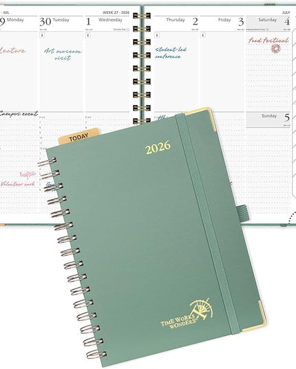 POPRUN 2026 Planner (Medium Size 8.5'' x 6.25'' Wire-Bound Hard Cover) Daily Weekly and Monthly Calendar - Agenda 2026 (Jan.2026-Dec.2026) with Hourly Schedule, Monthly Tabs - Midnight Green