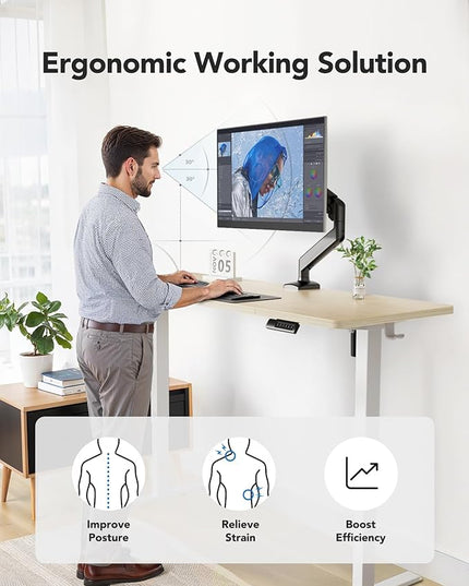 HUANUO 63 x 24 inch Electric Standing Desk, Height Adjustable Table with Headphone Hooks & Cable Manager, Sit to Stand up Desk for Home Office, Natural