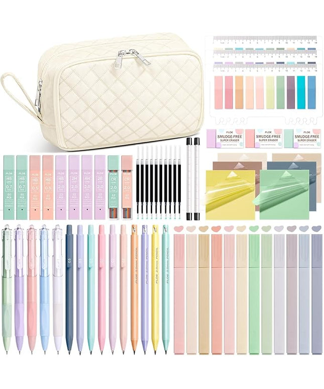 62PCS Aesthetic School Supplies with Cute Pencil Case, Pastel Highlighters Black Ink Gel Pens Mechanical Pencils Kit, Back to School Supplies College Essentials Preppy Stationary Set for Student Girls