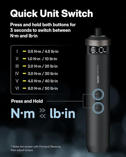 HOTO PixelDrive Electric Screwdriver, Smart Display, 6 Torque Settings, 0.5 to 6 N·m, 1/4'' Hex 30 Bits, LED Light, 2000 mAh Rechargeable Cordless Screwdriver Set for Electronics, Home Repair