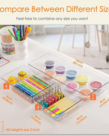 Criusia Drawer Organizer, 10 Pack Large Clear Plastic Set, 3 Size Versatile Bathroom and Vanity Organizer Trays, Storage Bins for Makeup, Bedroom, Kitchen Utensils