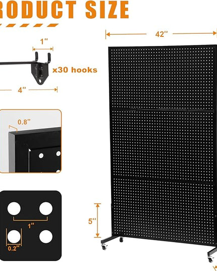 3.5'x 6' Pegboard Display Stand with T-Base, Metal Peg Board Organizer Panels Display Rack With Wheel, Standing Pegboard Display, Extra 30 pieces Hooks, Black