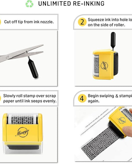 Miseyo Wide Identity Theft Protection Roller Stamp Set - Yellow (3 Refill Ink Included)